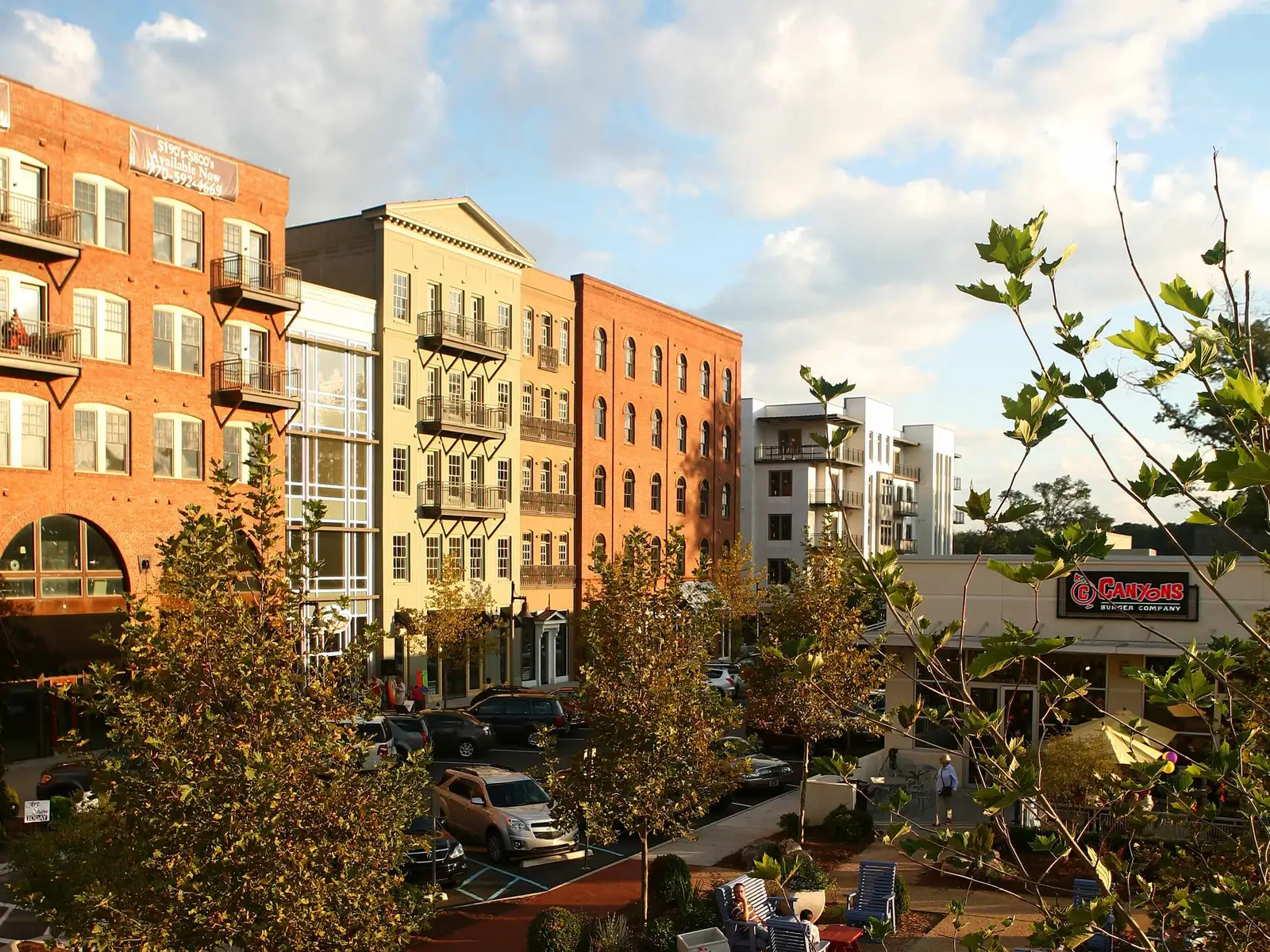 Apartments above shops and a courtyard in downtown Woodstock