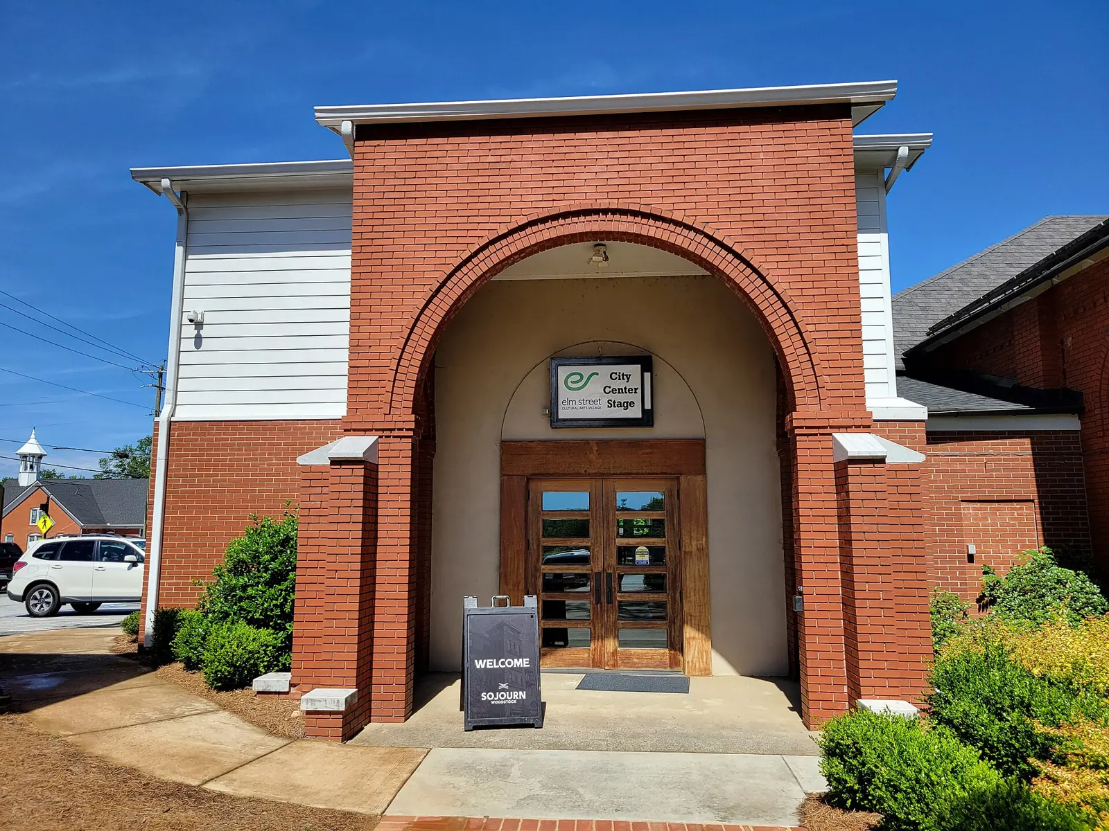 The City Center Stage building at the Elm Street Cultural Arts Village in downtown Woodstock
