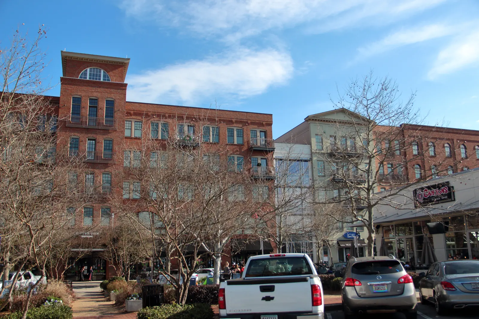 Shops and restaurants along a downtown Woodstock street