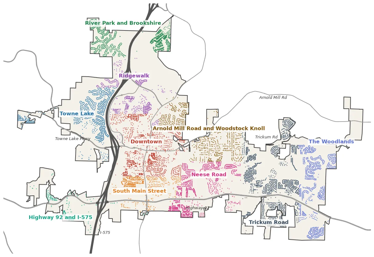 Map of Woodstock, Georgia, with the city's buildings colored by area: Towne Lake and Highway 92 and I-575 west of the interstate, Ridgewalk and River Park and Brookshire to the north, Downtown and South Main Street in the middle, and Arnold Mill Road, Neese Road, Trickum Road and The Woodlands to the east