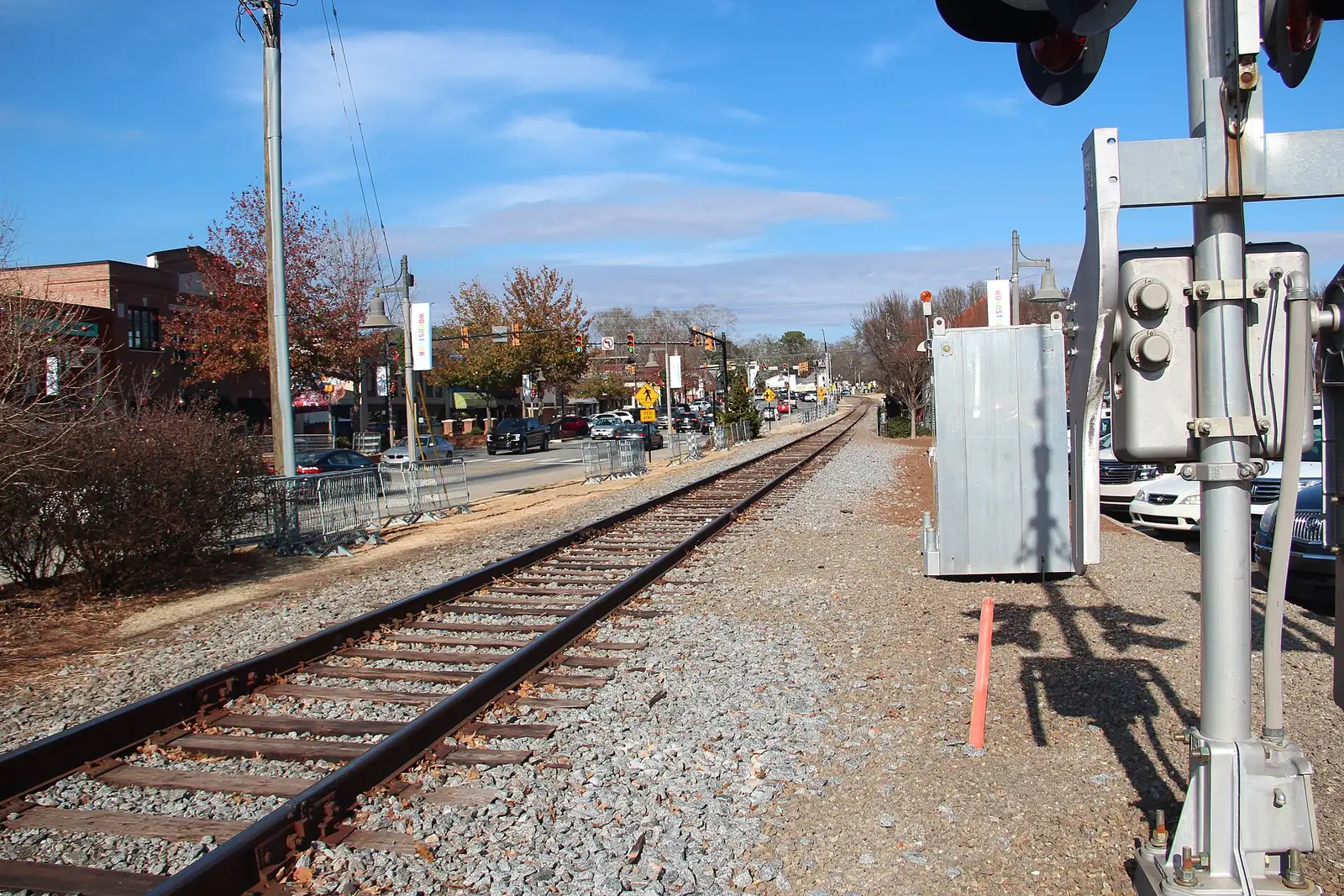 The Georgia Northeastern Railroad tracks beside Main Street in downtown Woodstock